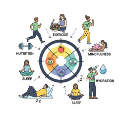 A health wheel depicts nutrition, exercise, sleep, hydration, mindfulness, and balance