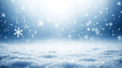 Fototapeta premium Falling snowflakes over snowy ground with bright light in winter sky