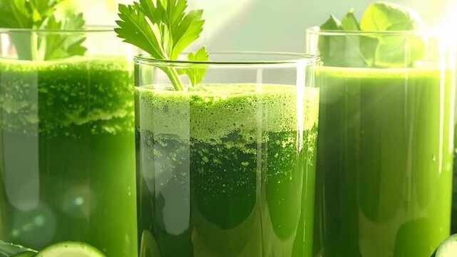 Three Glasses of Green Healthy Juice with Celery and Cucumber Slices on a Table Sunny Outdoor