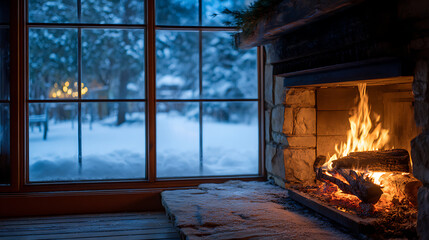 Warm Crackling Fireplace Hearth Looking Out Onto Snowy Landscape