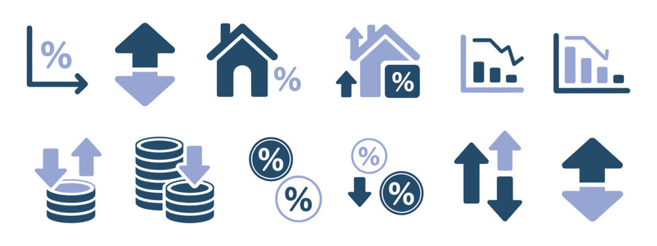 Low and High Interest Rate Symbols. Comprehensive collection of financial icons with up and down arrows representing inflation, investment profit, and debt management.