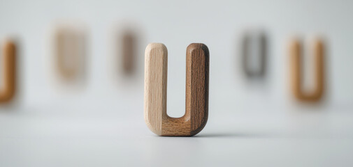 Minimalist wooden letter U standing on a white surface. Represents concepts like You, Unity, or User experience (UX). Ideal for education, typography, and eco-friendly branding designs
