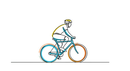 Naklejka premium Dynamic continuous line drawing of a cyclist riding a road bike with bright yellow and blue color accents for a sporty and active theme.