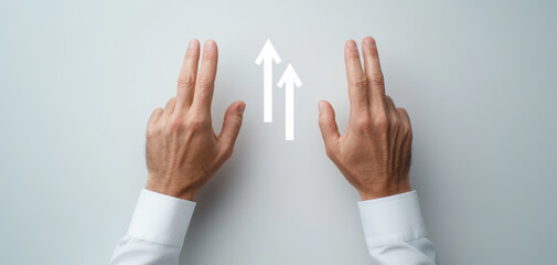 Male hands pointing up with white arrows symbolizing business growth and success. Concept of career promotion, rising trends, and financial improvement. Minimalist corporate design