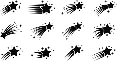 Collection of black shooting star icons and comet silhouettes with motion trails and sparkling stardust for celestial and space designs. © MdEmdadul