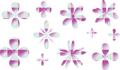 Collection of Decorative Purple and White Checkered Floral Icons and Abstract Geometric Star Elements for Graphic Design