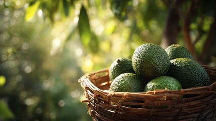 A close-up view of avocados in a natural basket, surrounded by lush greenery. This image captures the essence of fresh produce and healthy eating, ideal for food-related topics.
