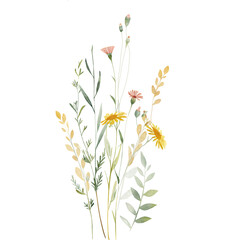 Watercolor wild meadow bouquet with yellow daisies and delicate herbs on black background