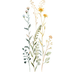 Watercolor wild meadow flowers and airy botanical stems isolated on black background