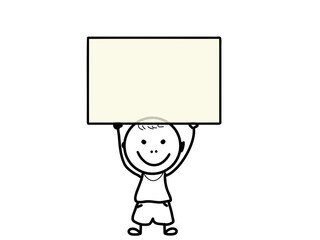 Cartoon stickman drawing conceptual illustration of man holding a blank sign.