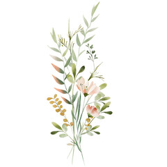 Watercolor wild botanical bouquet with pastel flowers and foliage on black background