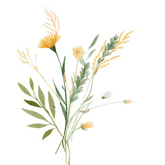 Watercolor wild meadow bouquet with yellow flowers and airy botanical foliage on black background