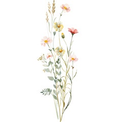 Watercolor wild meadow flowers bouquet with soft pastel blooms on black background