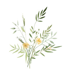 Watercolor wild botanical bouquet with yellow meadow flowers and green foliage on black background
