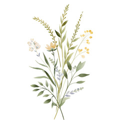 Watercolor wild botanical bouquet with delicate yellow flowers and greenery on black background