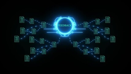 Glowing blue neon feedback loop network nodes connecting in digital abstract system with central hub and data flow visualization.4k video - Powered by Adobe