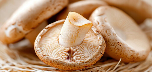 Fresh brown mushrooms close-up showing detailed gills and stems in a rustic setting for organic food, cooking ingredients and healthy nutrition concepts