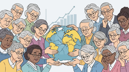 Diverse group of elderly people holding the Earth with care and concern.
