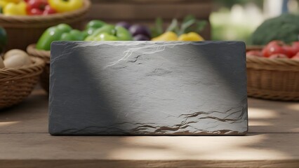 Blank Rectangular Slate Board for Menu Mockup on a Wooden Table with Blurred Fresh Market Vegetables in the Background