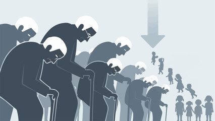 Generational decline depicted with elderly people and children.