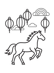 A black outline vector drawing of a prancing horse surrounded by traditional Chinese lanterns, clouds, and a rainbow, suitable for a coloring book or festive celebration design