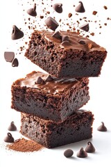 floating brownies with chocolate chips and cocoa powder splash, isolated on white background