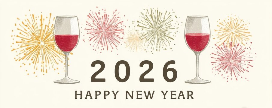 Happy New Year 2026 illustration featuring fireworks and champagne glasses for festive celebration - Powered by Adobe