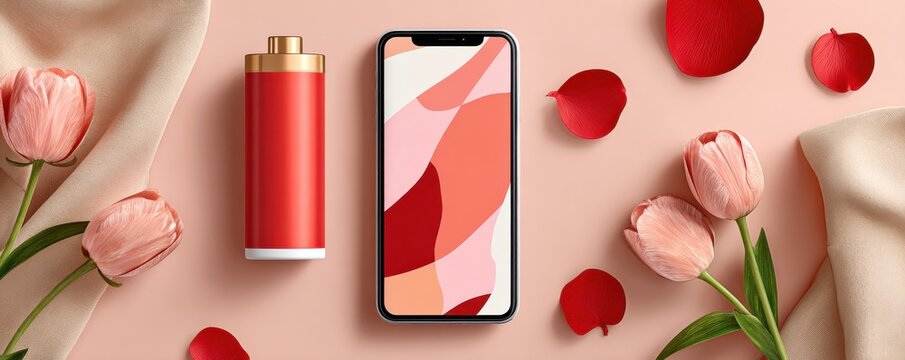 Pink themed flat lay featuring iPhone, red bottle, and pink tulips on a soft beige background
