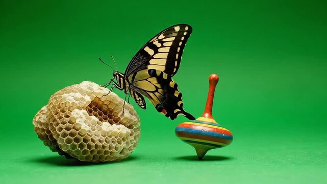 Eastern Tiger Swallowtail Butterfly on a Toy Top Next to Honeycomb Isolated on a Green Background Colorful Still Life for