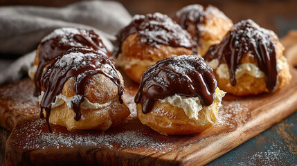 Delicious Profiteroles with Chocolate Glaze and Whipped Cream Filling on Wooden Board