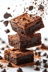 floating brownies with chocolate chips and cocoa powder splash, isolated on white background