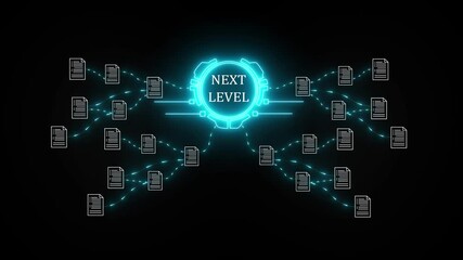 Futuristic network nodes glowing blue connecting data streams with next level text overlay abstract technology concept.4k video - Powered by Adobe