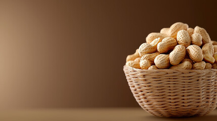 Basket full of raw peanuts in shells isolated on a brown background, representing healthy organic snacks, agriculture, and natural food ingredients.