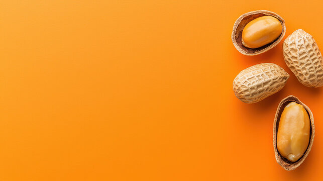 Top view of roasted peanuts in shells and peeled kernels isolated on a vibrant orange background with copy space for text