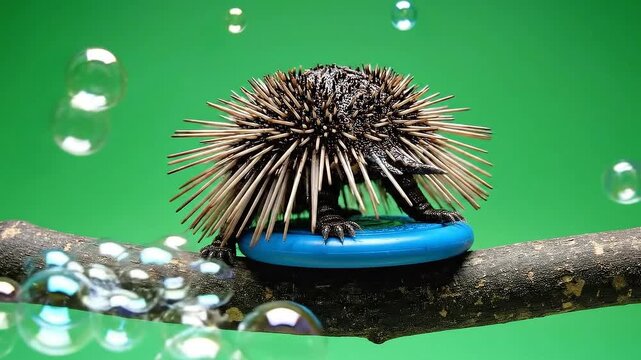 Echinus riding blue disc on wooden branch and bubbles floating in front of a vibrant green Screen Background for Entertainment