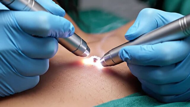 Electrocautery Mole Removal with Blue Gloves on Woman's Chest in Clinical Setting Skin Treatment Video