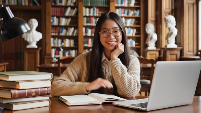 smiling asian woman student sitting at desk in library with laptop and stack of books. online education and university learning concept. academic research.