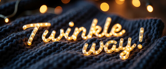 Holiday text 'Twinkle way!' formed by fairy lights on dark blanket  