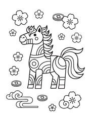 A cute line art illustration of the Chinese Zodiac horse surrounded by plum blossoms, traditional currency coins, and auspicious clouds, perfect for a coloring page activity