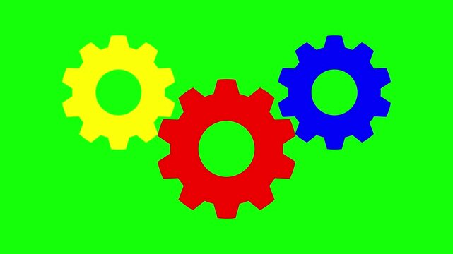 Motion graphic animation of three interconnected gears rotating together on a green screen background. Perfect for overlays, technology videos, teamwork concepts, engineering, and creative projects