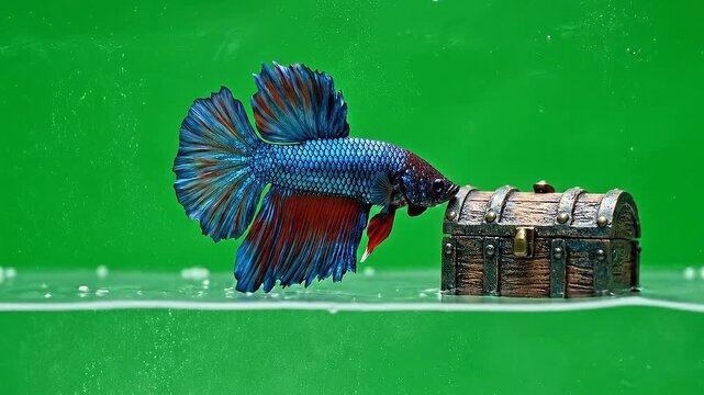 Elegant Blue and Red Betta Fish Interacting with a Glittering Miniature Treasure Chest on Isolated Green Screen Backdrop