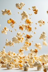 floating buttered popcorn with cinema light effect, isolated on white background