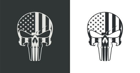 A striking graphic depiction of a skull design incorporating the american flag presented in both black and white backgrounds for contrast