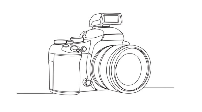 A clean line art illustration of a modern digital camera with a pop-up flash, perfect for photography, technology, or creative concepts.