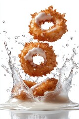 floating calamari rings with tartar sauce splash, isolated on white background