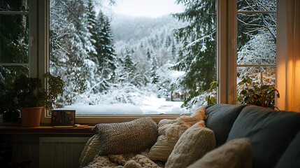 Warm Cozy Living Room Window View Of Tranquil Snowy Forest