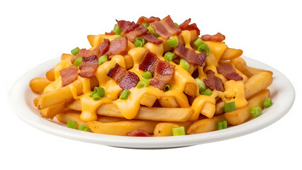 Aussie cheese fries with bacon and melted cheese sauce, isolated on white or transparent background. PNG