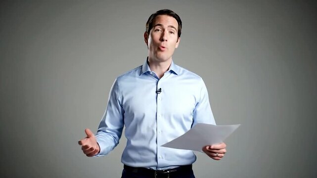 News Presenter Holding Papers in Studio