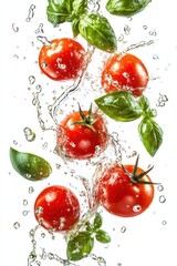 floating cherry tomatoes with basil leaves and olive oil splash, isolated on white background