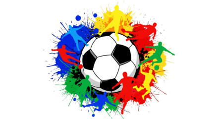 Dynamic soccer players in colorful paint splashes around a football
